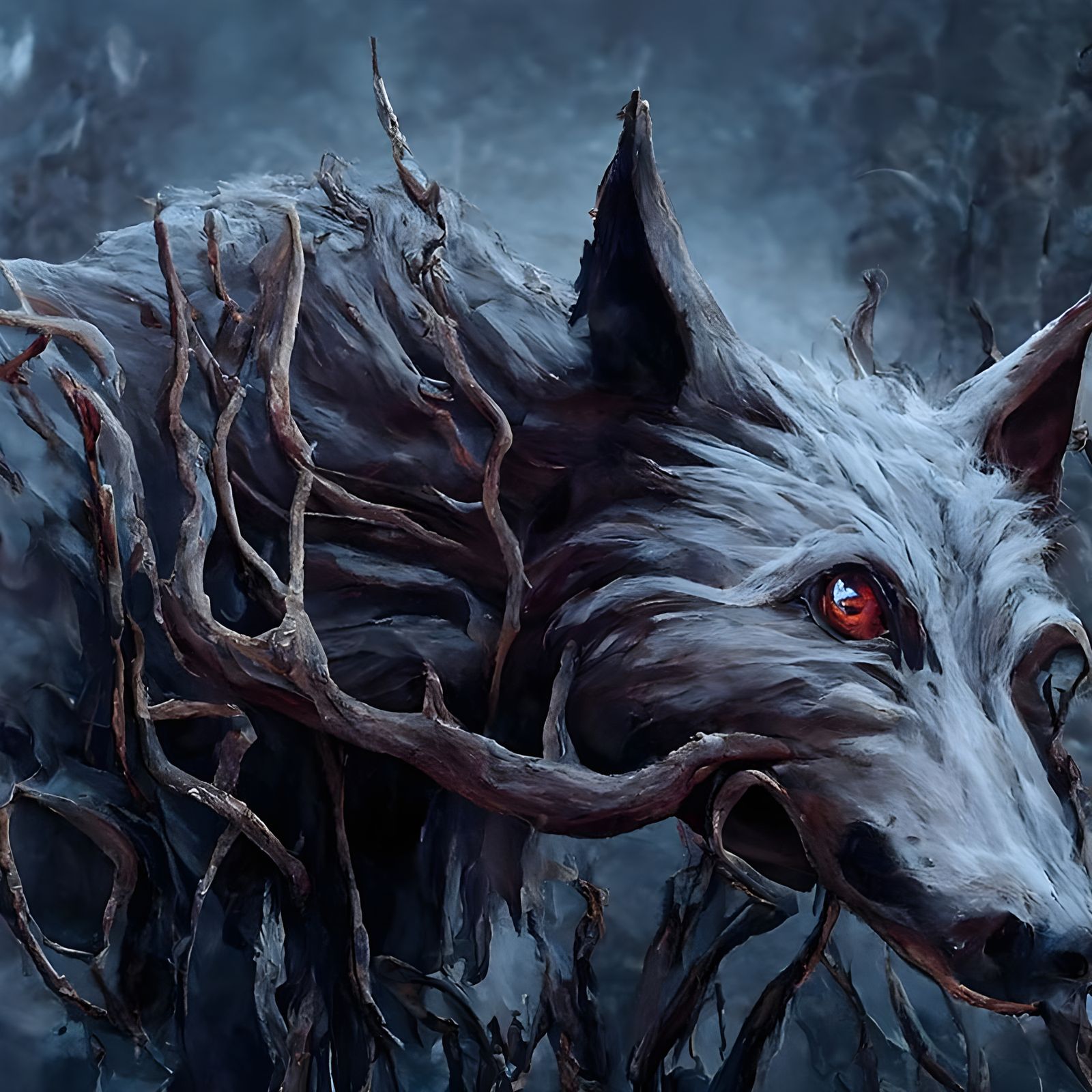 Red-Eyed Bone Wolf in Forest: Digital Horror Painting