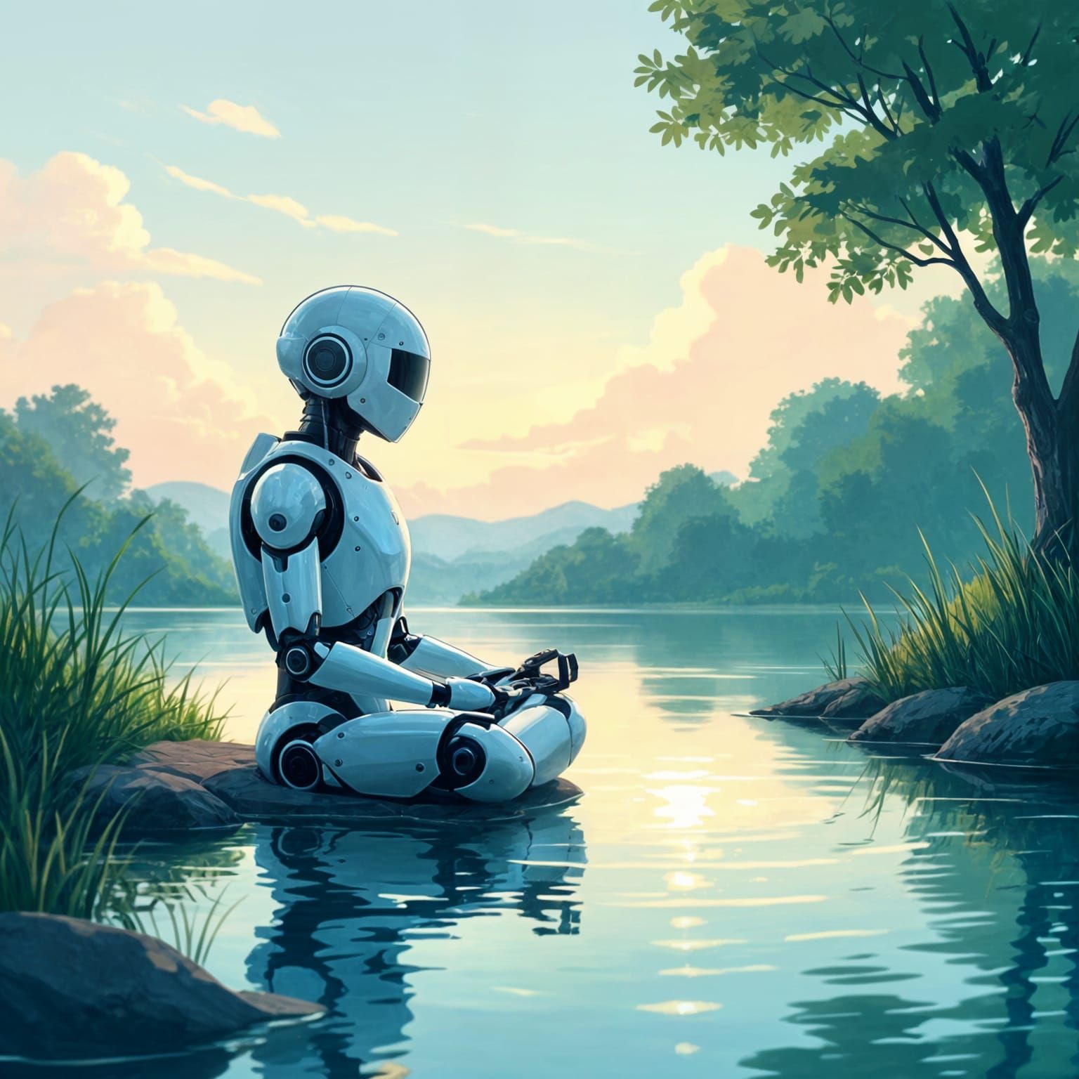 Serene Robot Meditating by Reflective Pond