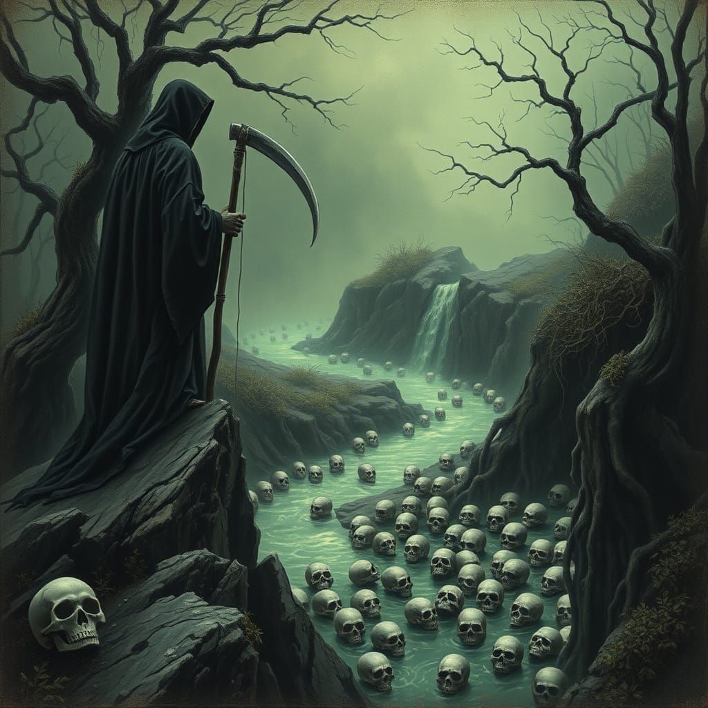 Grim Reaper Overlooking River of Skulls