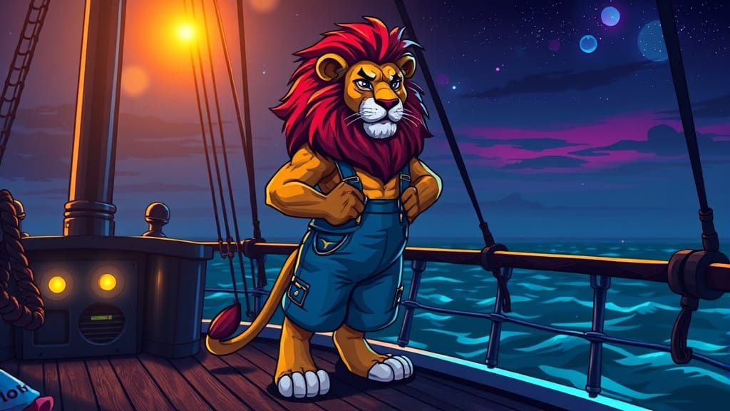 Lion in Jeans on Ship Deck, Anime-Chibi Style