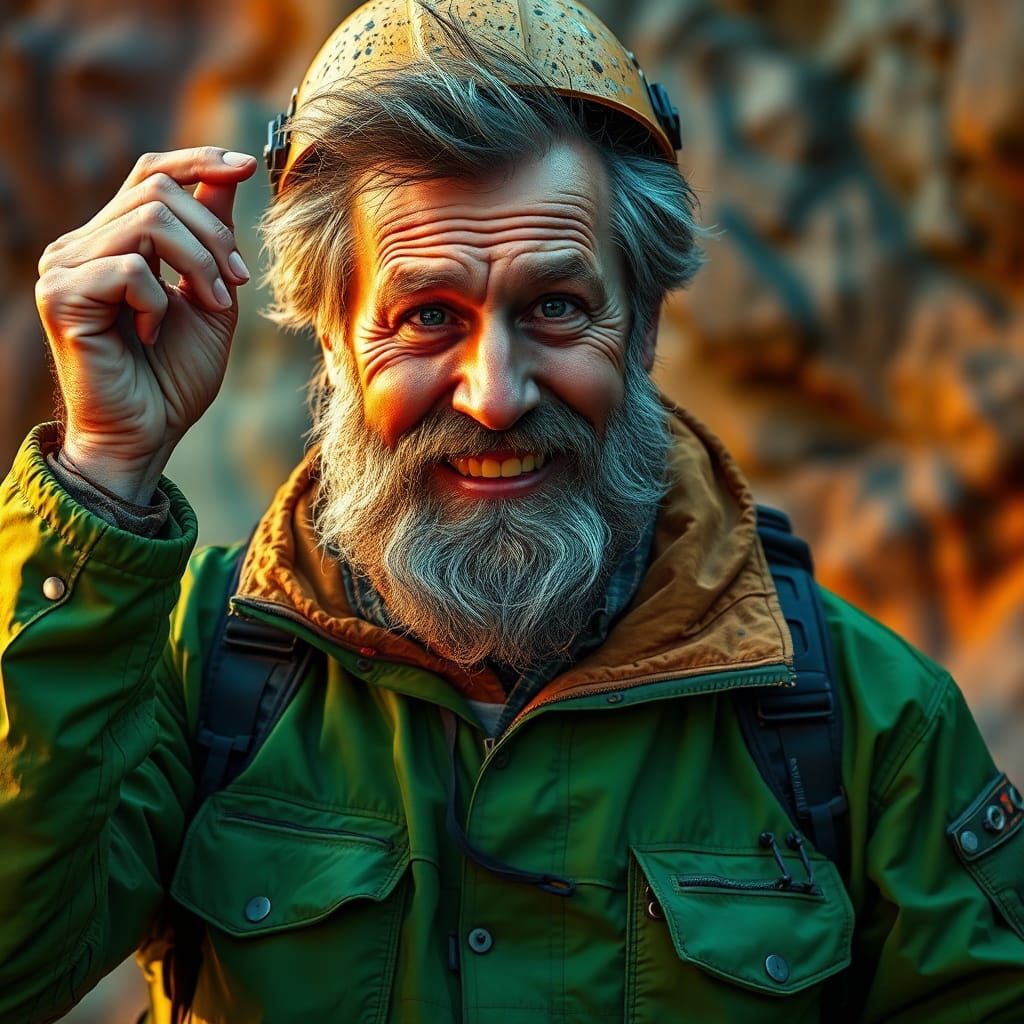 Geologist Balances Helmet with Golden Lighting