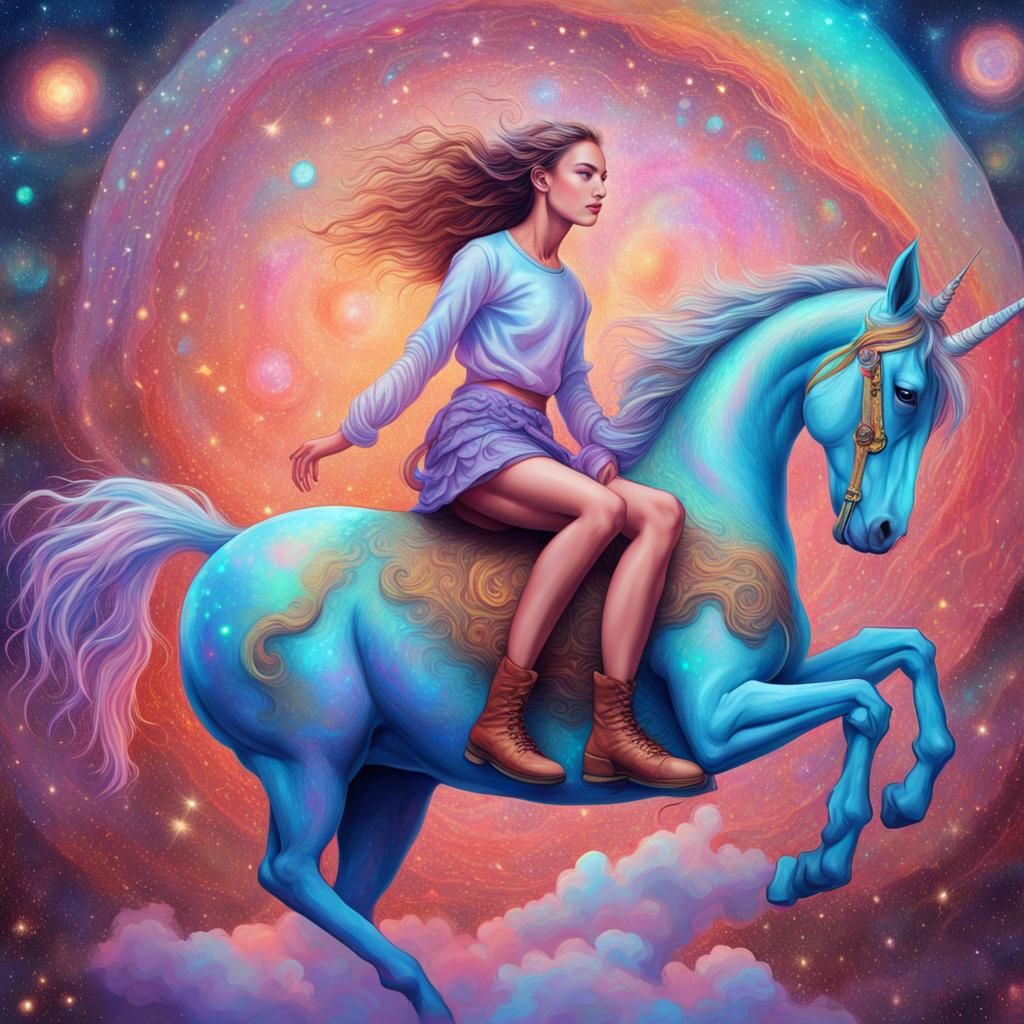 Girl Riding Unicorn in Cosmic Astral Illustration