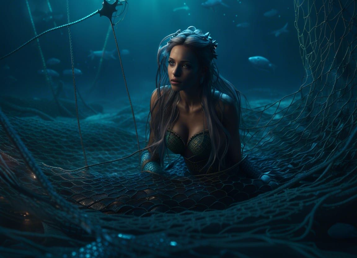 Fantasy - mermaid trapped in a fishing net
