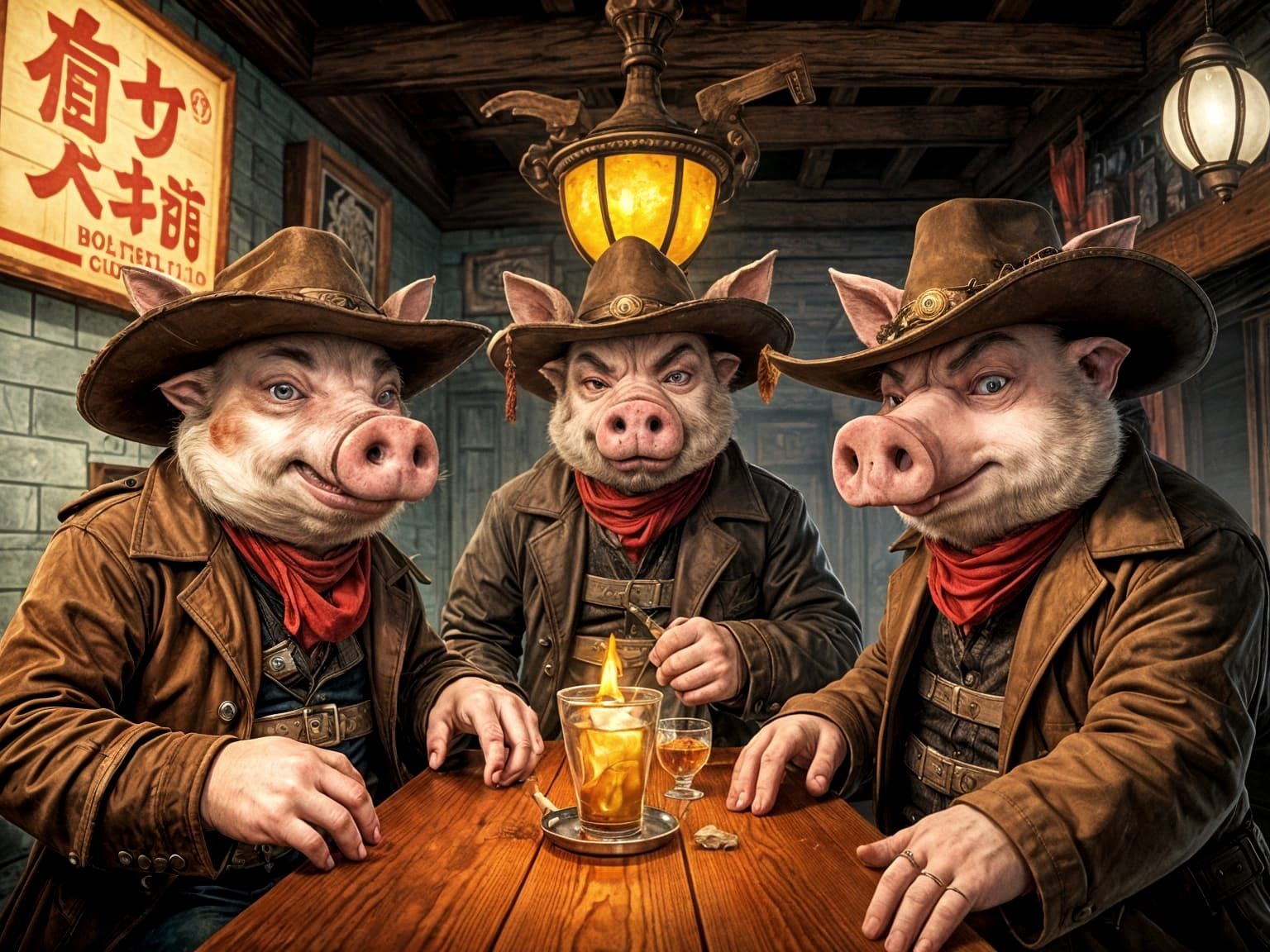 Pig Cowboys in Asian-Style Western Saloon