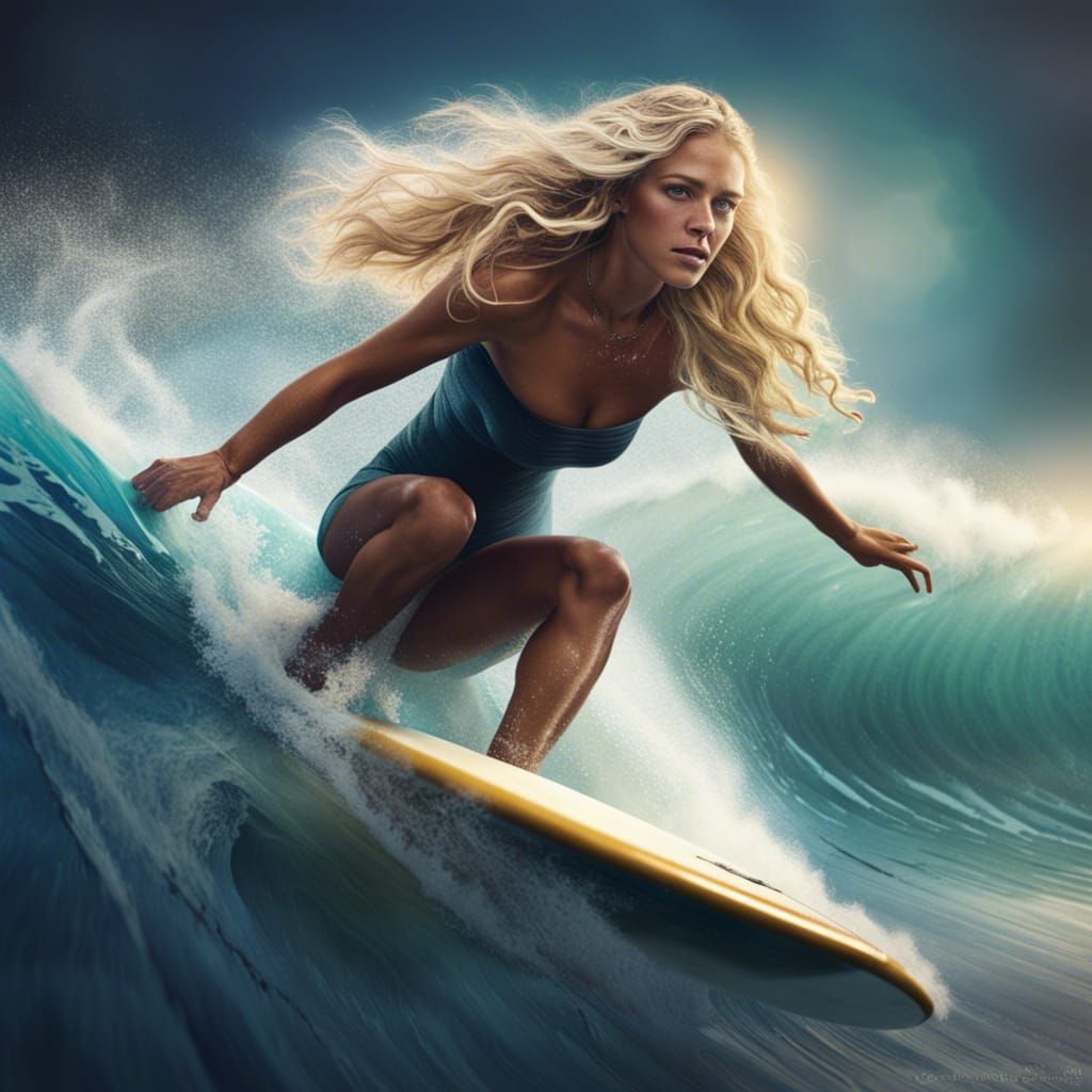 Surfer Girl Rides Iridescent Wave in Hyperrealism