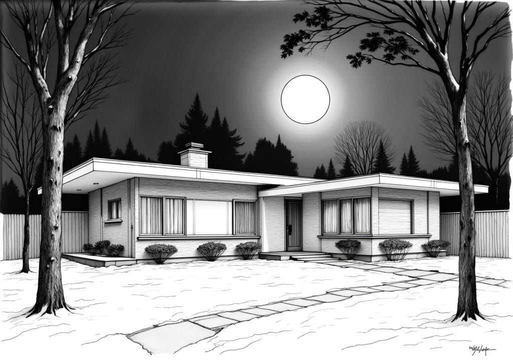 Contemporary House Plan in Charcoal Sketch Style