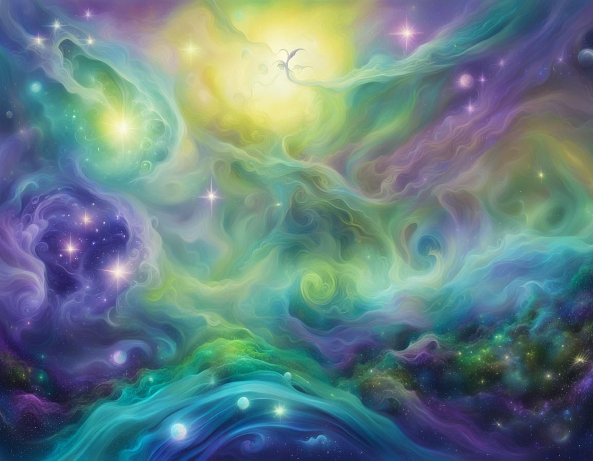 Surreal, Vibrant Landscape with Celestial Forms and Swirling...