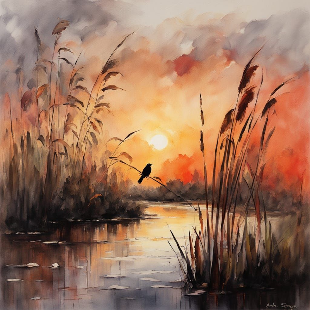 Red-Winged Blackbird in Marsh: Impressionist Watercolor