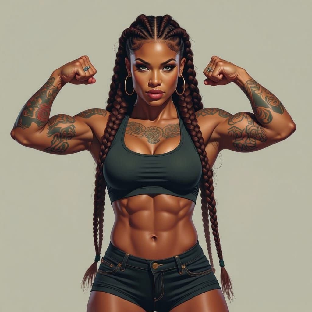 Muscular Black Woman with Braids and Tattoos