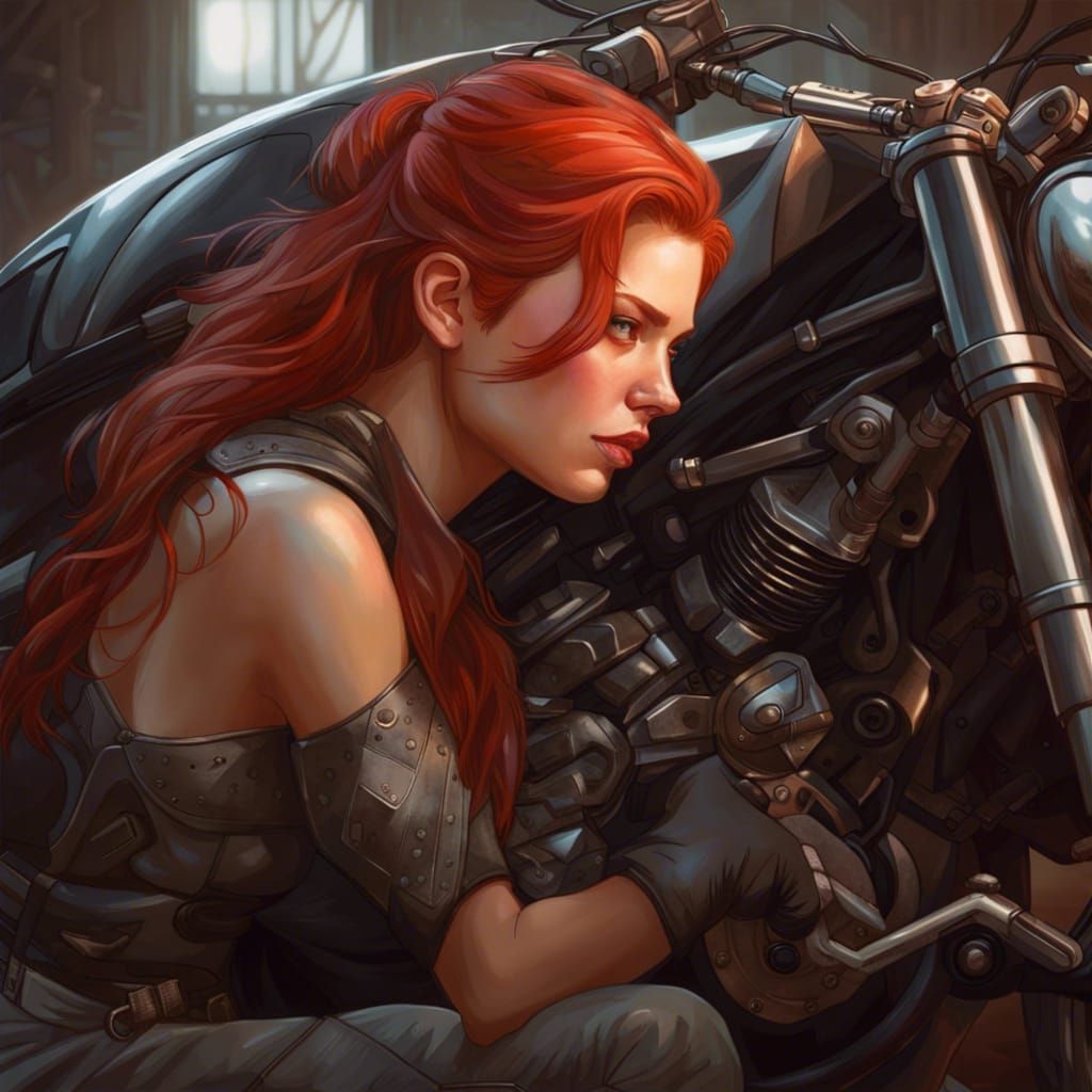 Redhead Mechanic with Batcycle: Hyperdetailed Concept Art