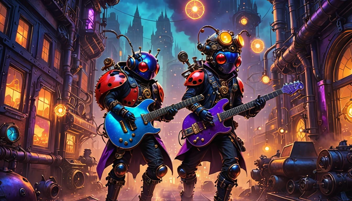 Psychedelic Steampunk Ladybug Rocker in Dream Cityscape