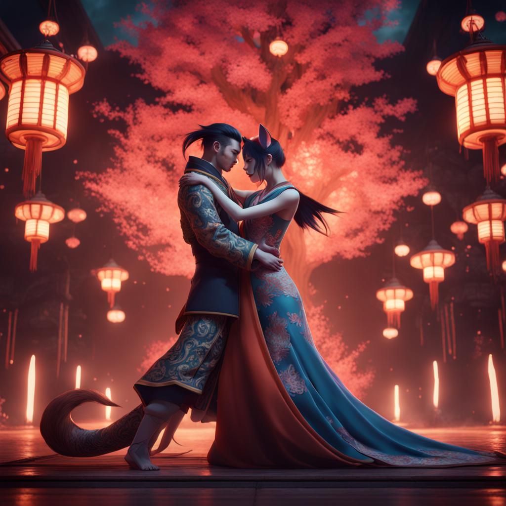 Kitsune Couple Dancing: Fantasy Concept Art