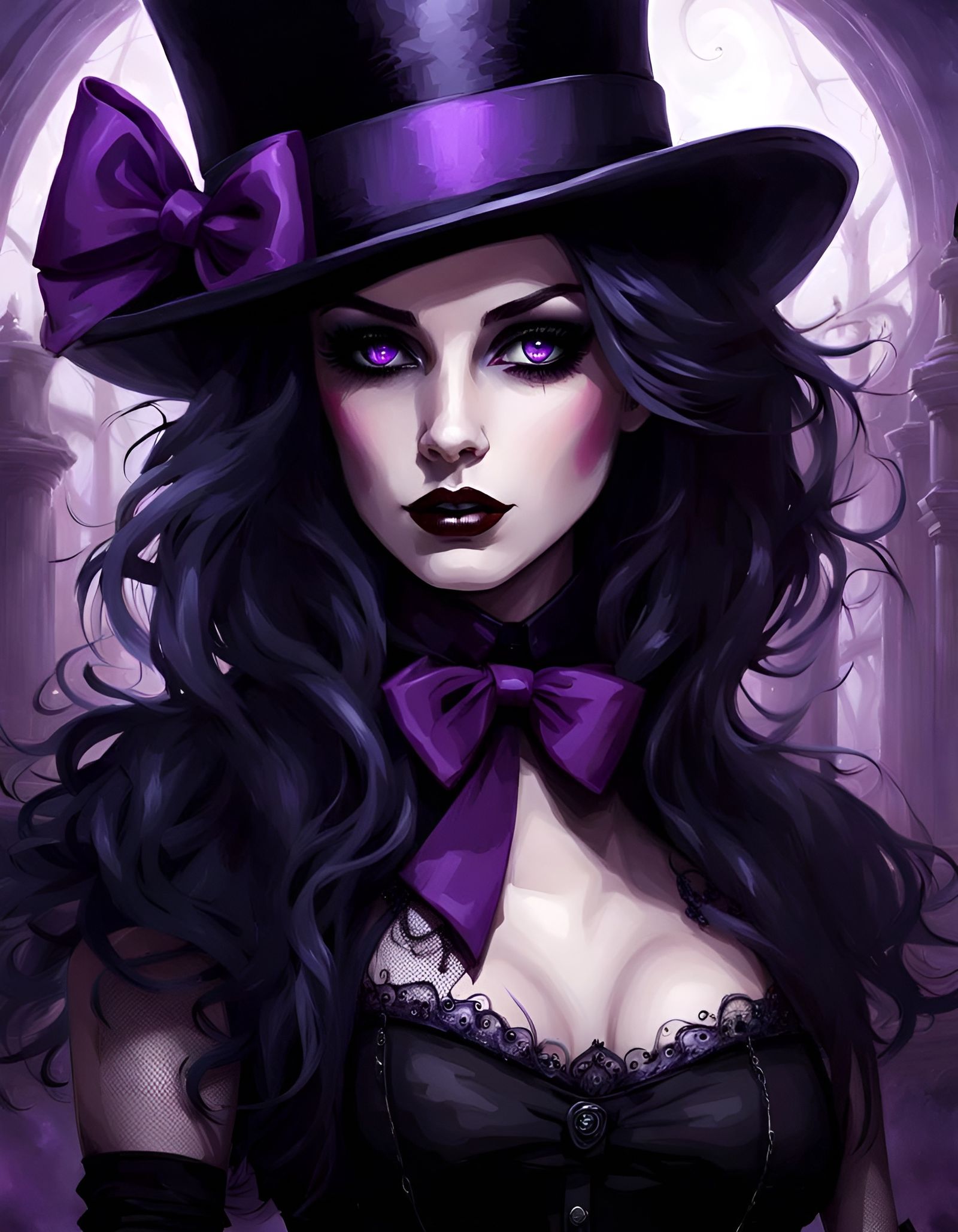 Beautiful Goth Woman with Purple Bow in Digital Painting