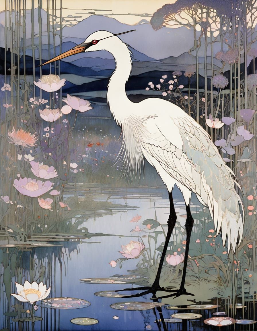 Ethereal White Crane Amidst Vibrant Blooms in a Dreamlike Fo...