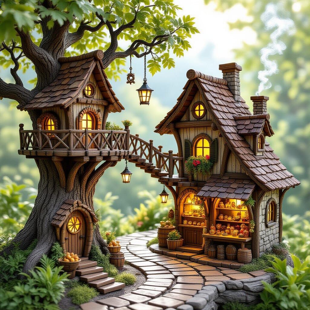 Enchanting Wooden Woodland Village Diorama