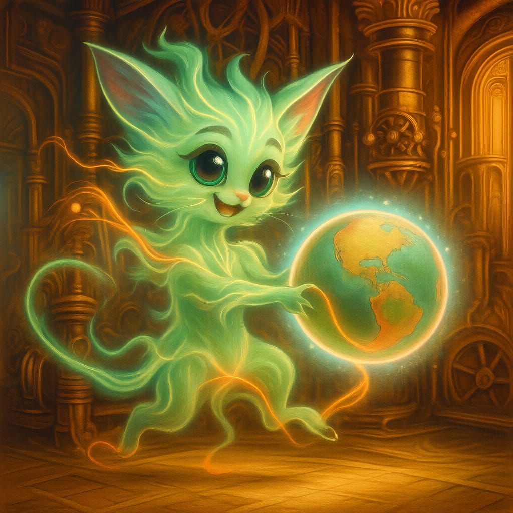 Whimsical Air Creature Dancing with Earth-Globe in Steampunk...