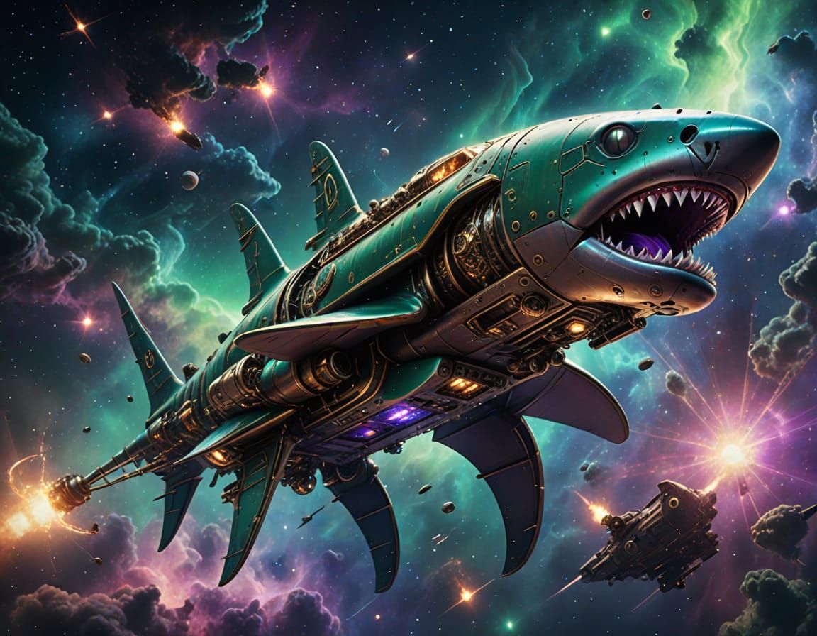 Steampunk Hammerhead Shark Spaceship in Nebula