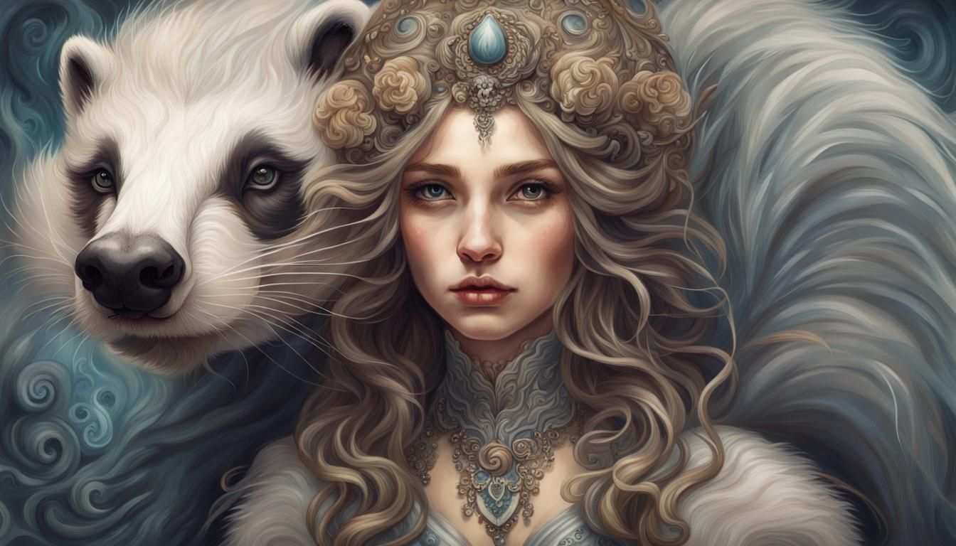 Fantasy Badger Girl Portrait in Watercolor Style