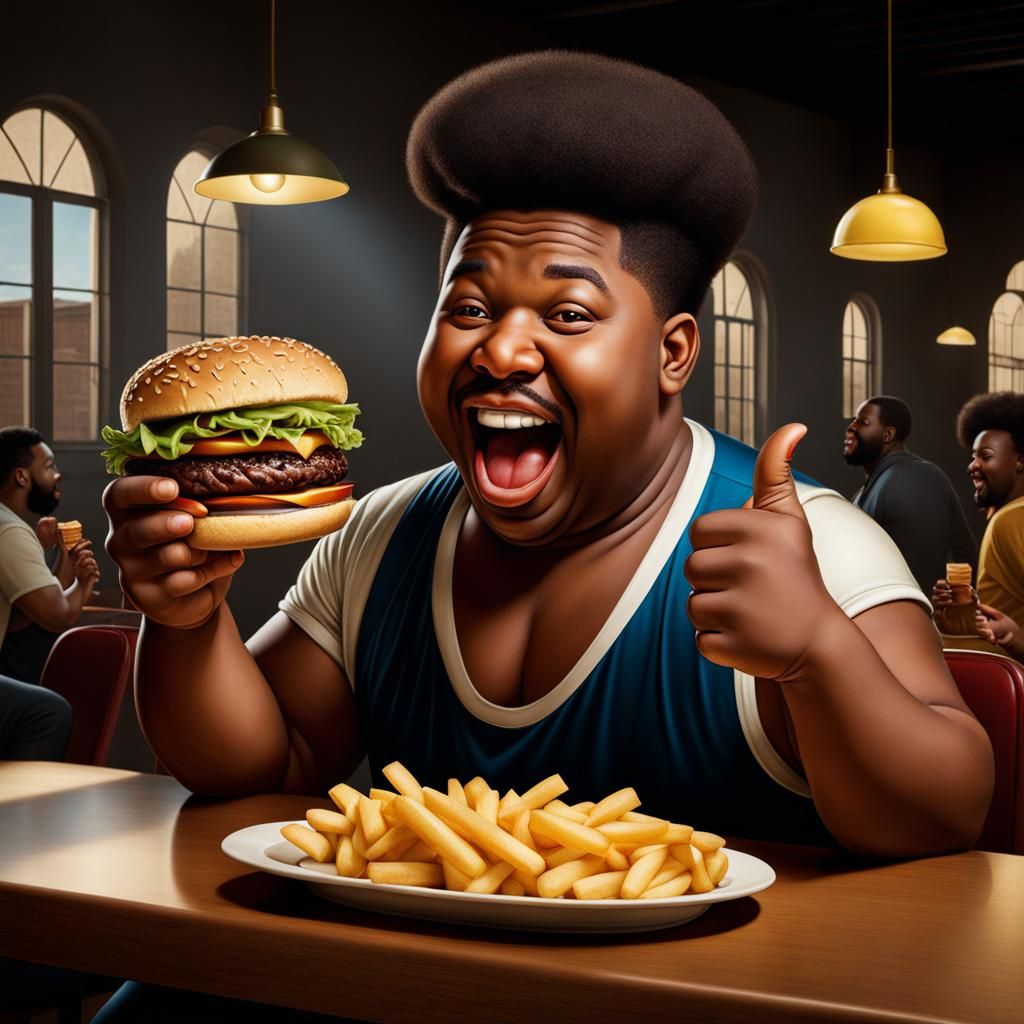 HAPPY GUY EATING A HAMBURGER