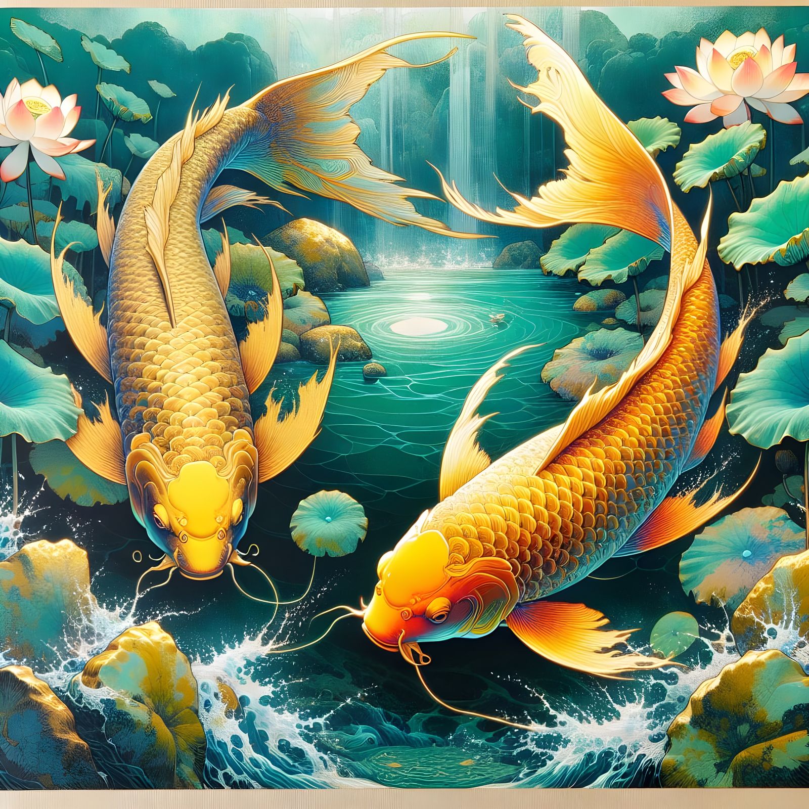 Gold Koi Fish in Lotus Pond, Ukiyo-e Style