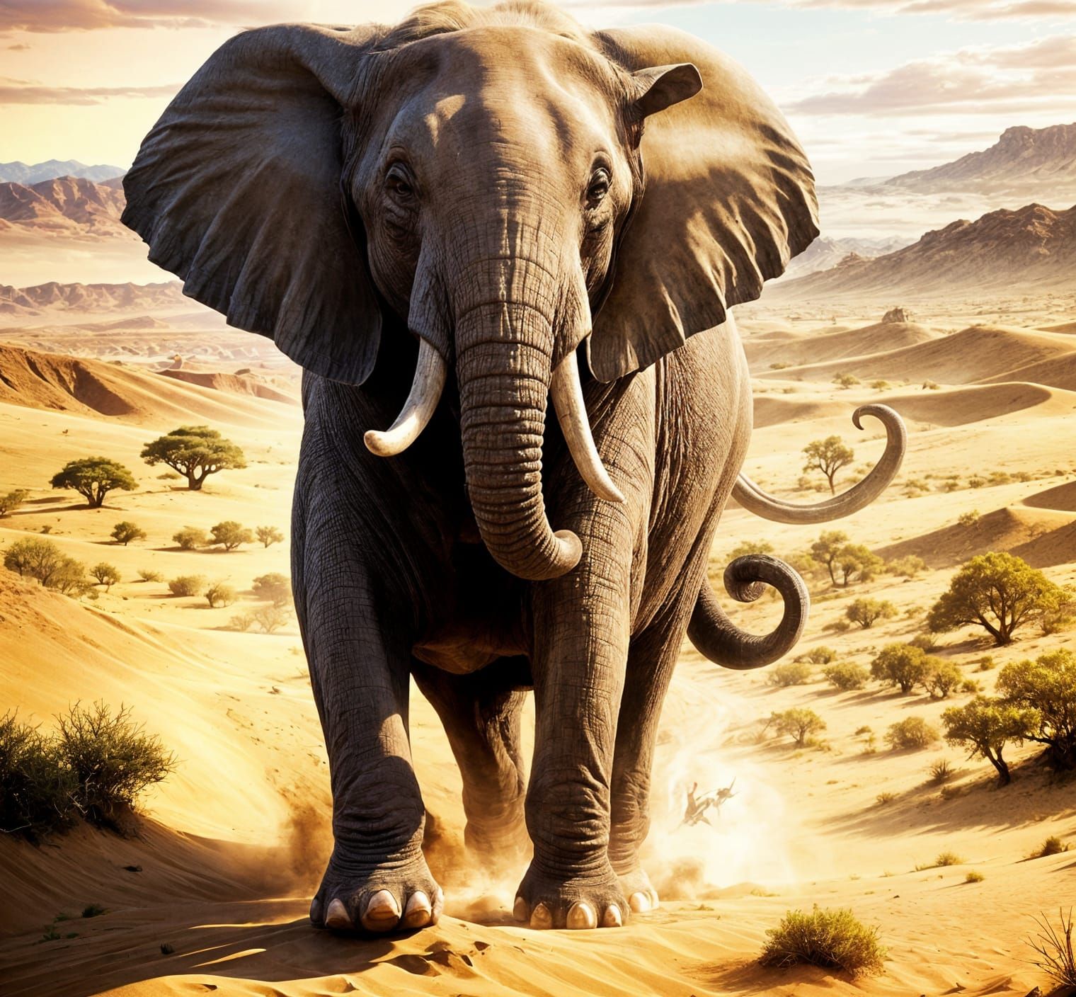 Anime Style Elephant Roaring in Desert