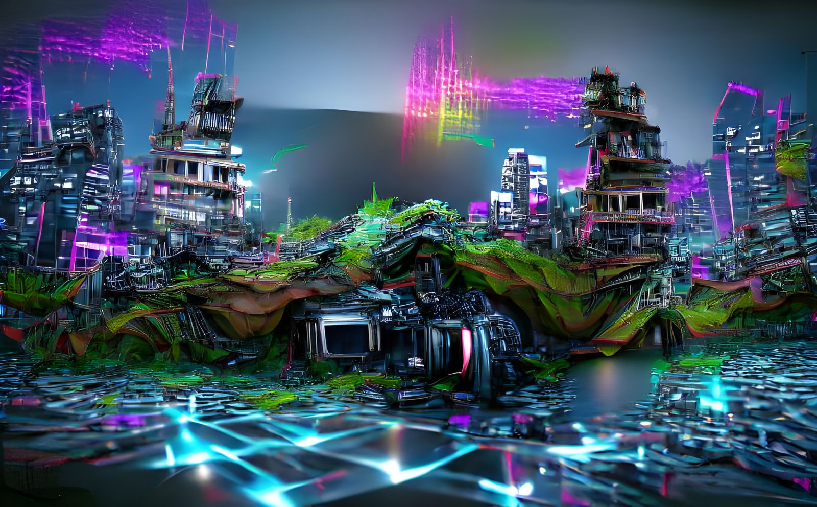 Glitched Digital Landscape in Cyberpunk Style