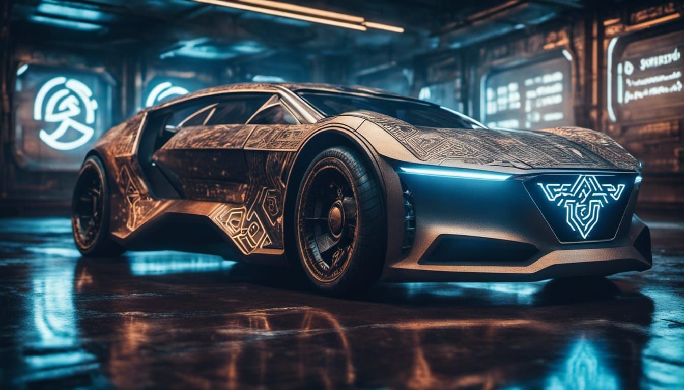 Cyberpunk Car with Norse Runes in HDR