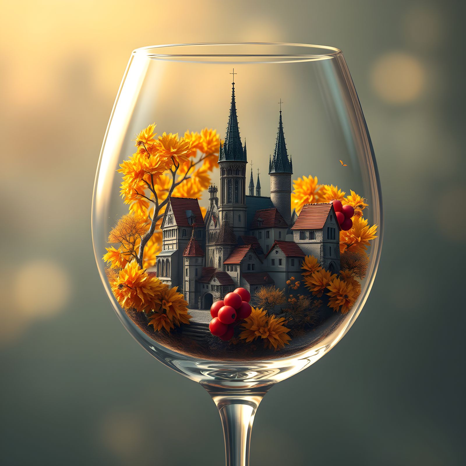 Wine Glass Medieval City: Fantasy Art