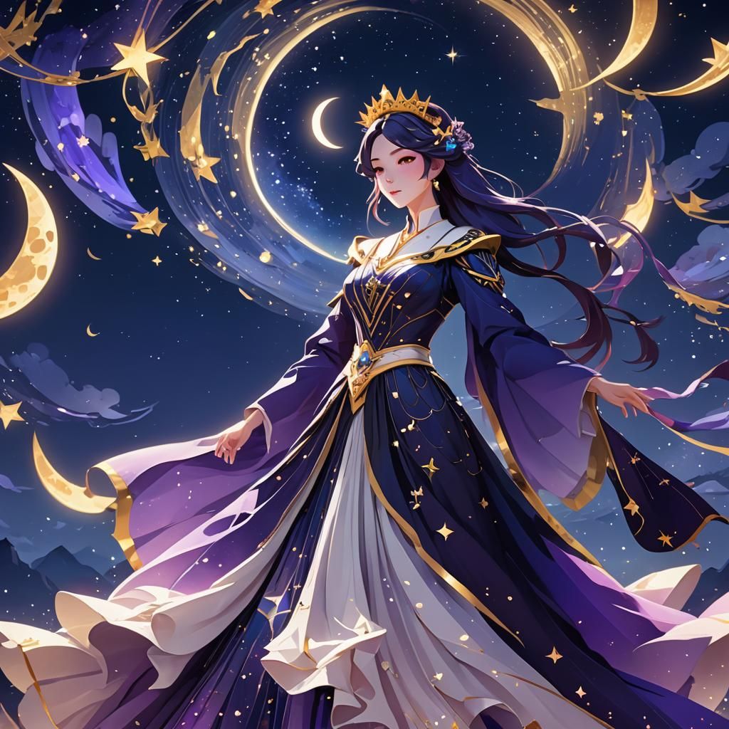 Empress Commands Starry Night Sky: Low-Poly Digital Art