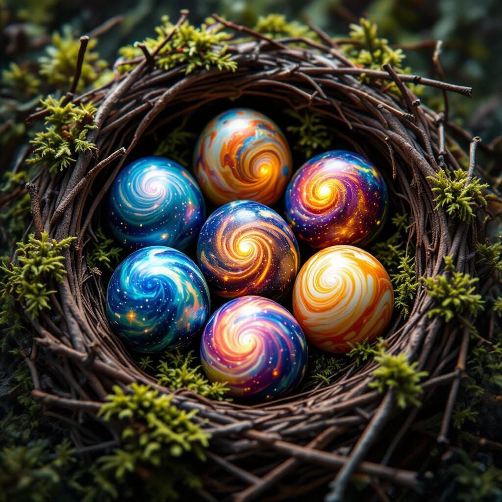 Galactic Bird Nest: Hyperrealistic Cosmic Egg Art