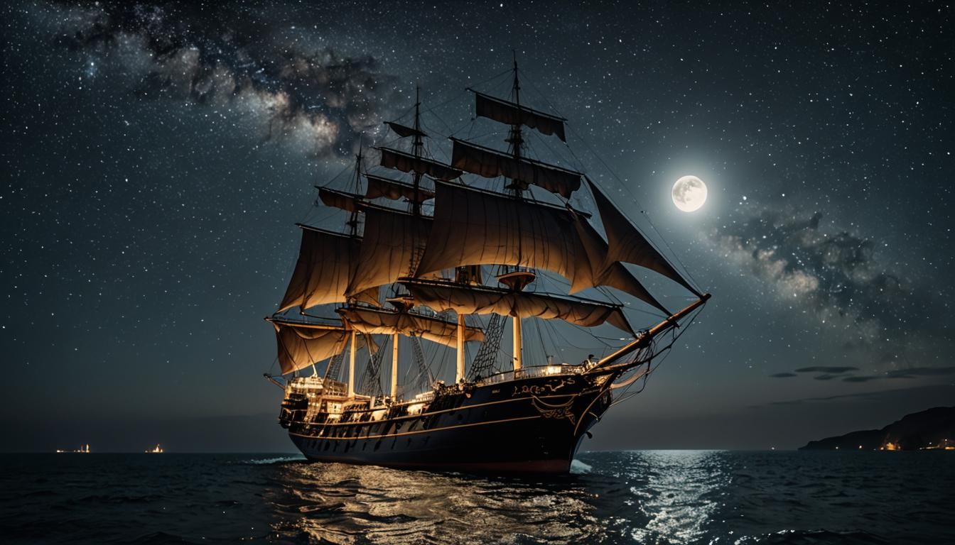 Luminist Ship at Night Under Milky Way