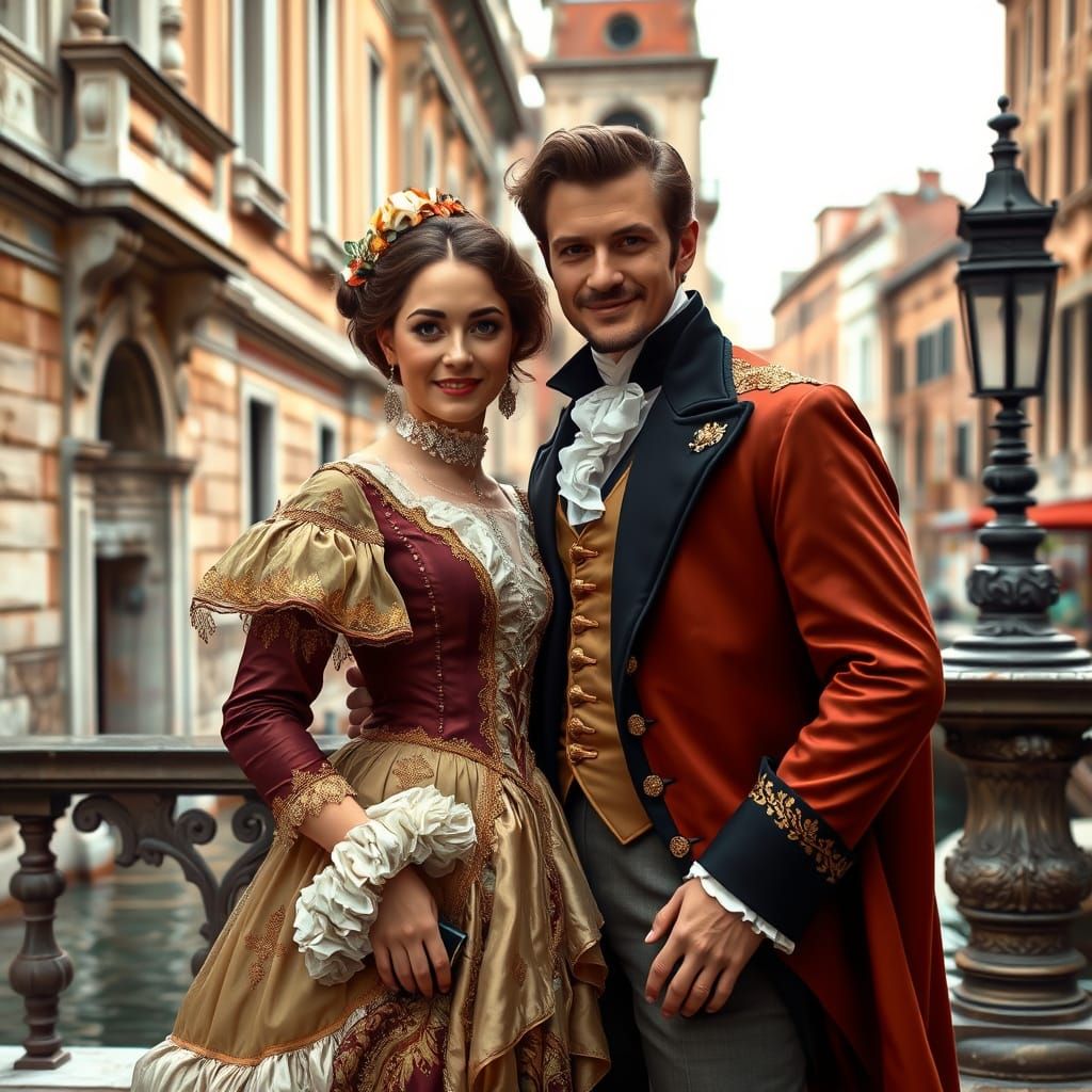 Couple in Lavish Historic Attire Stroll through Venice