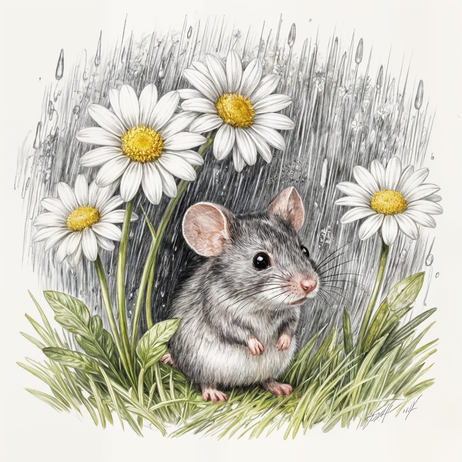Mouse Hiding From Rain Under Daisy in Pencil Drawing Style