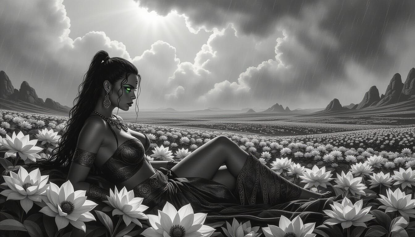 Primal Warrior Surveys Epic Landscape in Charcoal Style