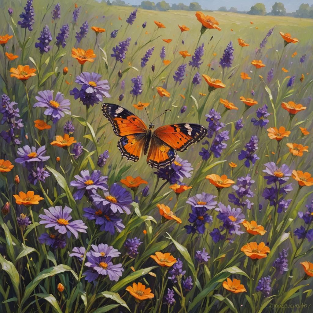 Orange Butterfly on Purple Flower Impasto Painting