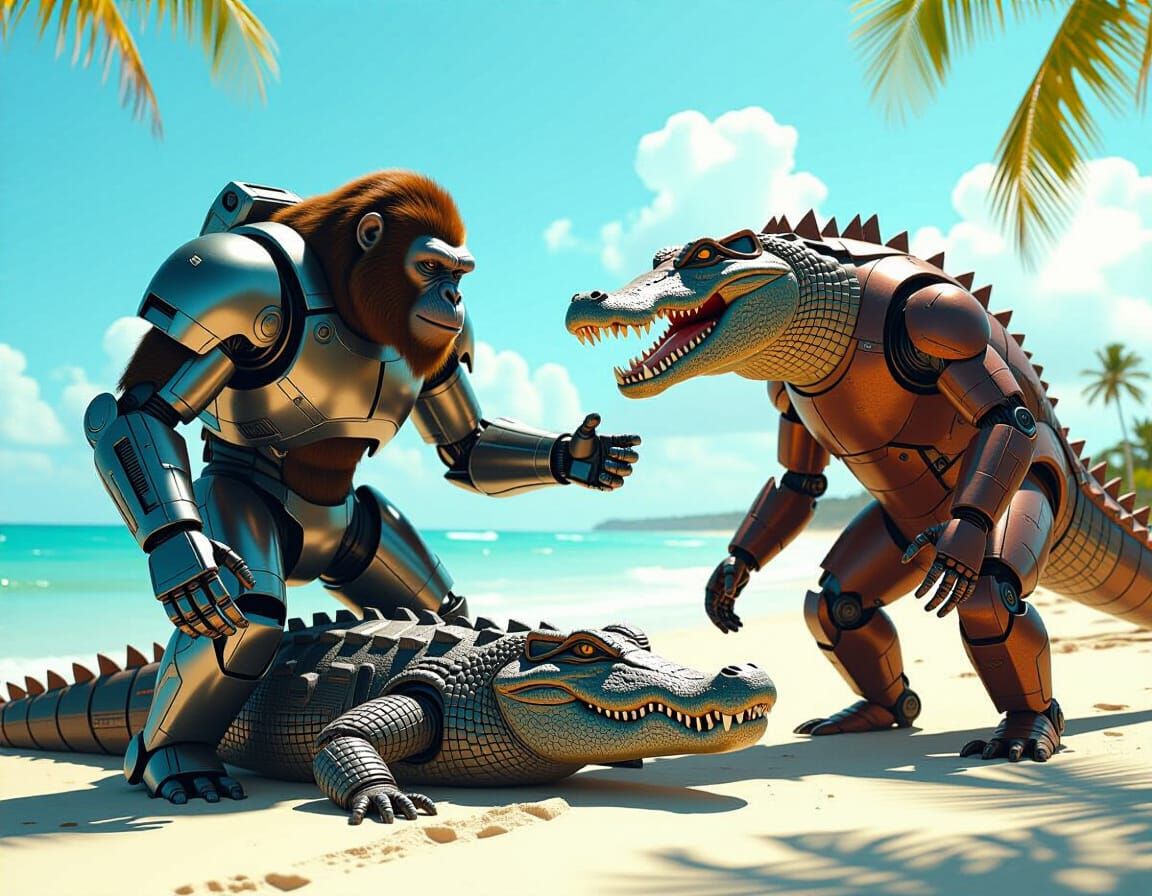 Armored Robot Ape Versus Alligator on Beach
