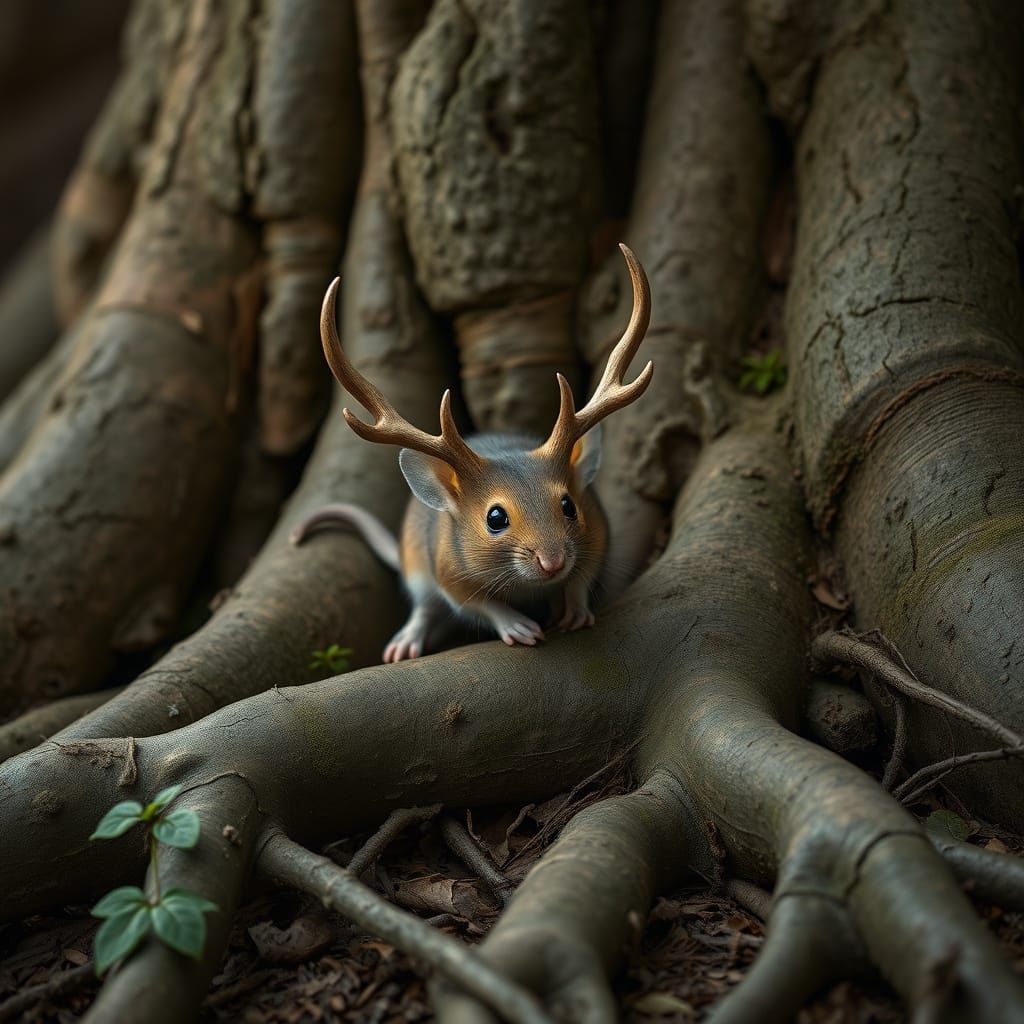 Fanged Mouse With Antlers Among Tree Roots