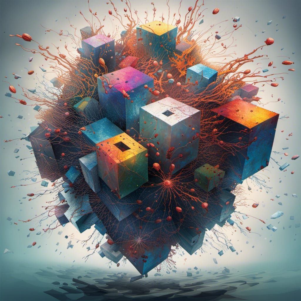 Psychedelic Cubes in Flight: Hyperrealistic Concept Art