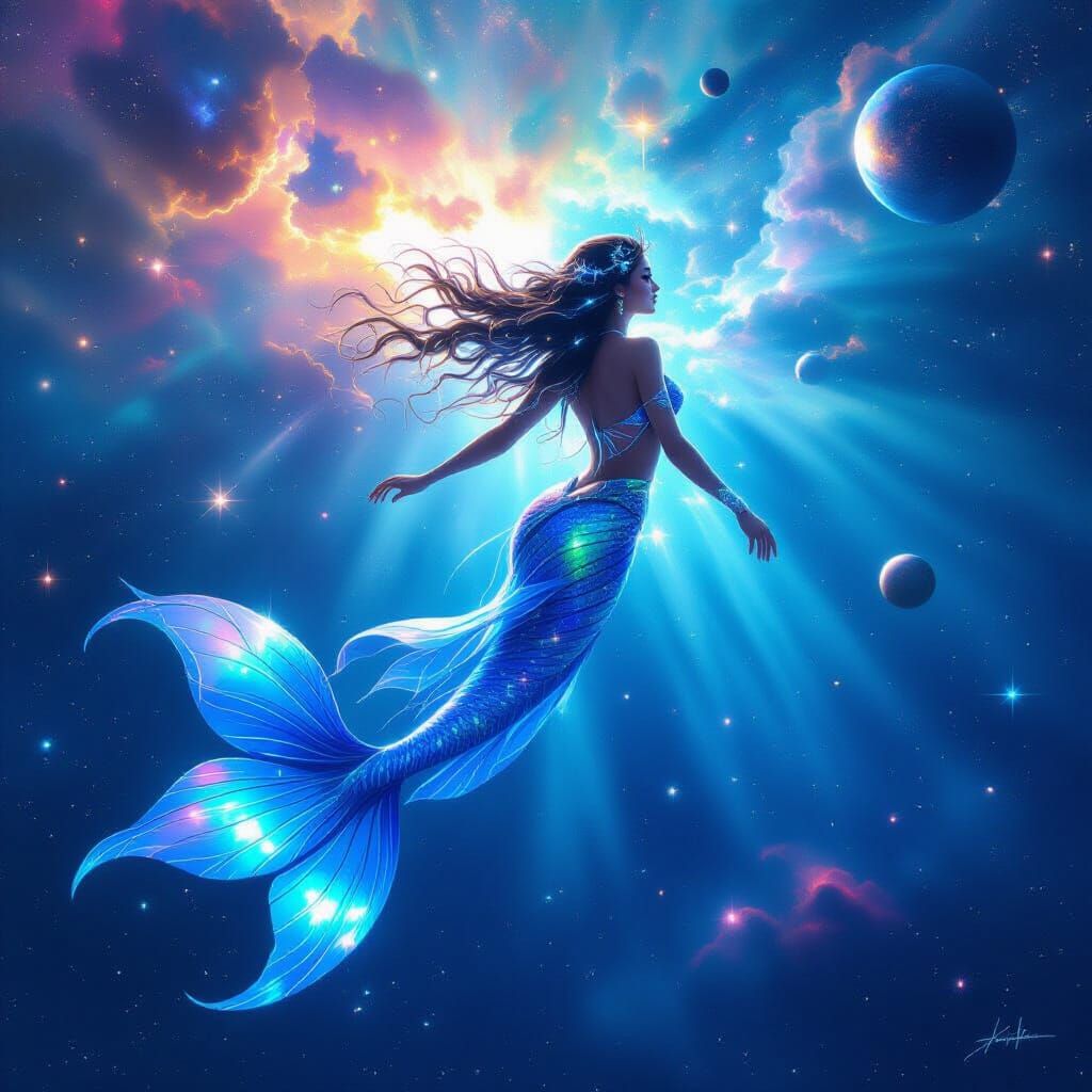Cosmic Mermaid Swimming Through Nebula Ocean