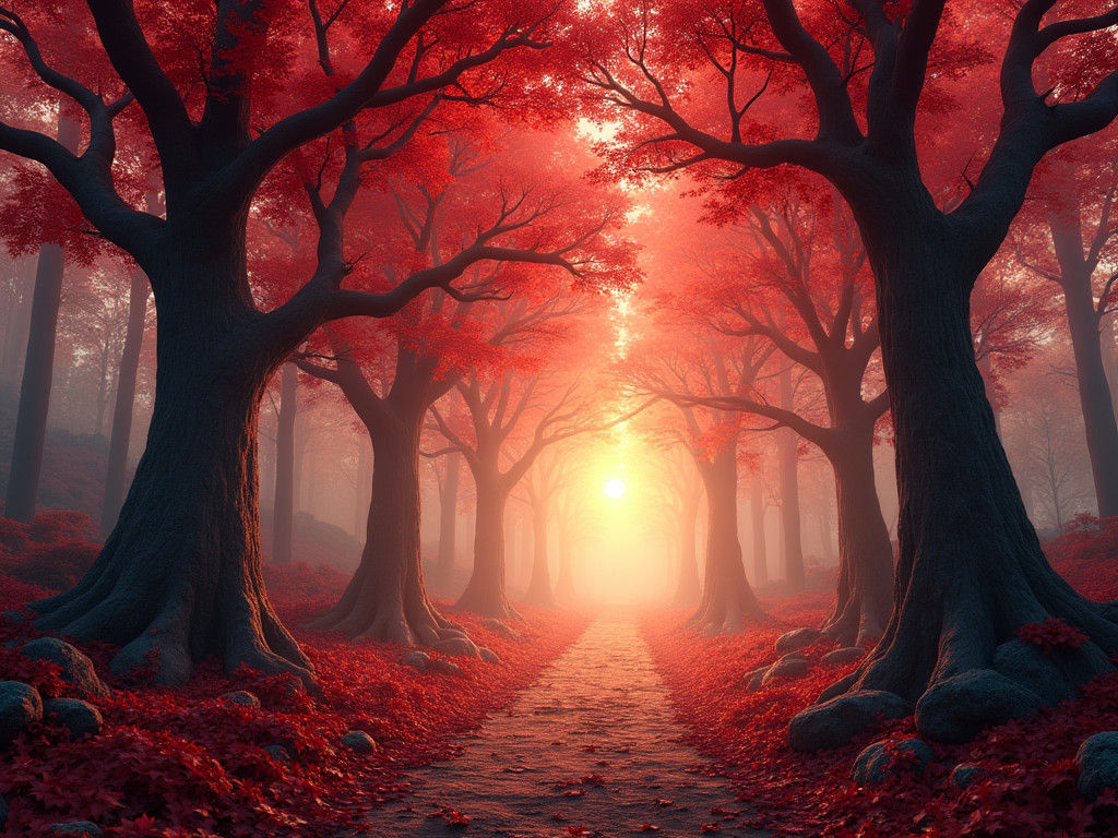 Enchanted Forest Path with Red Autumn Leaves