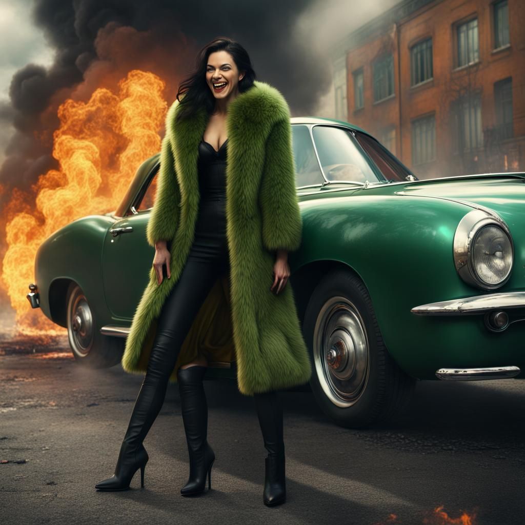 Female Mafia Boss in Burning Car: Cinematic Digital Art