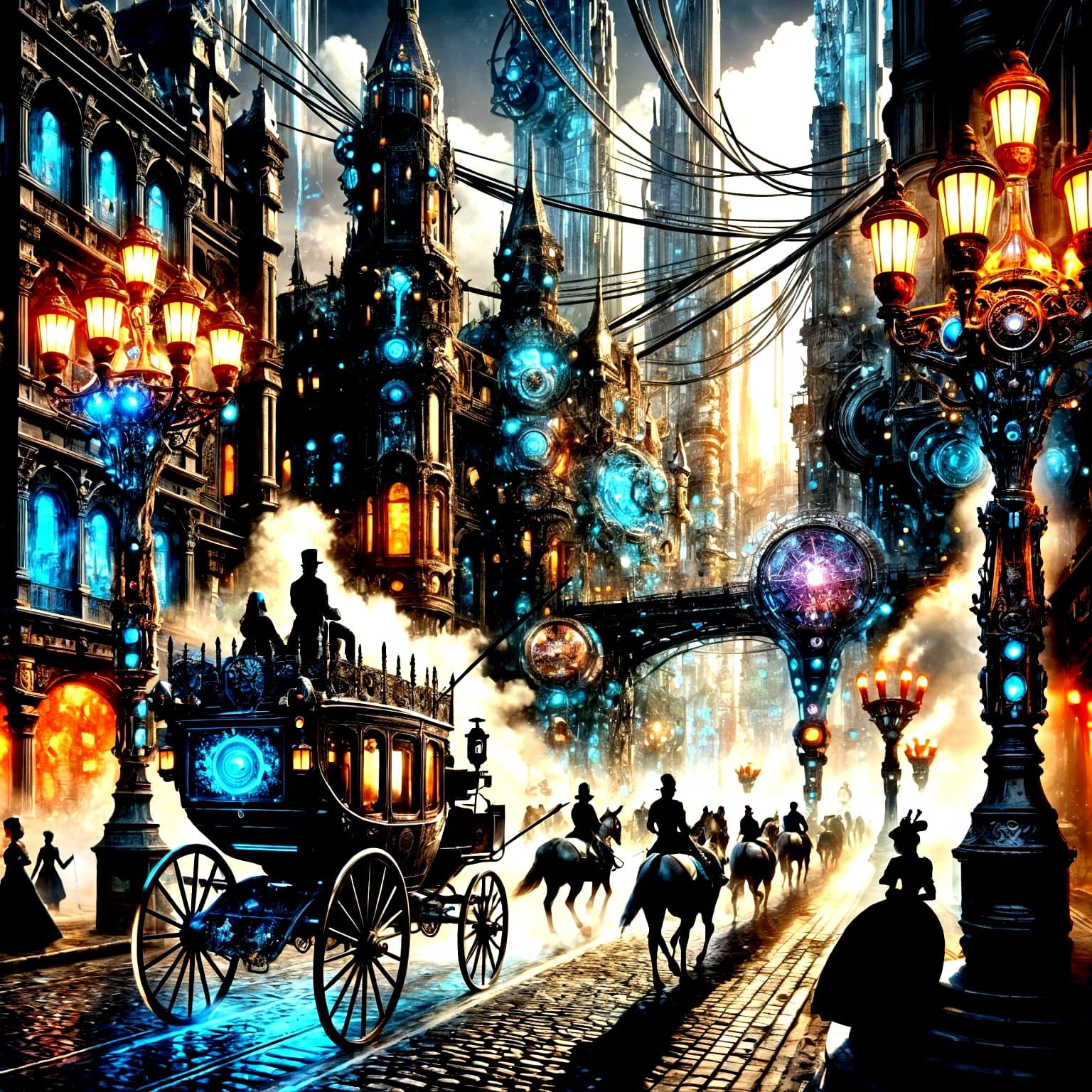 Fantasy art styles of the late nineteenth, early 20th century meets cyberpunk aesthetics