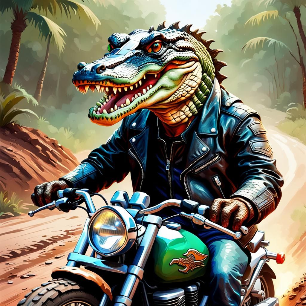 Alligator Biker on Dirt Road in Digital Art