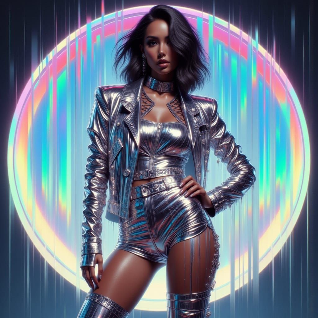 Hyperrealistic Woman in Futuristic Pin-Up Pose with Chrome a...