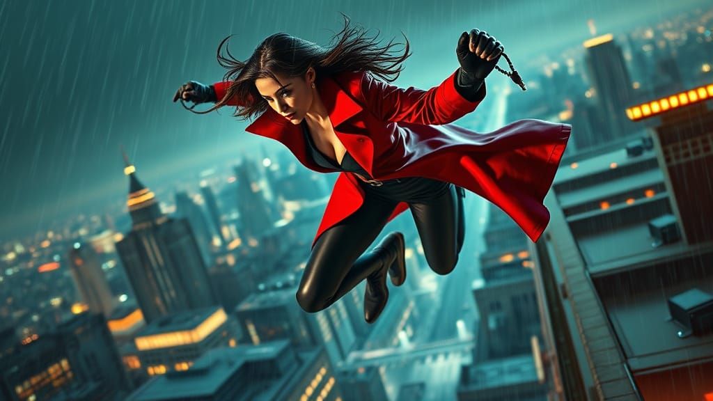 Female Spy Leaps Neon Rooftops in Noir Espionage Style