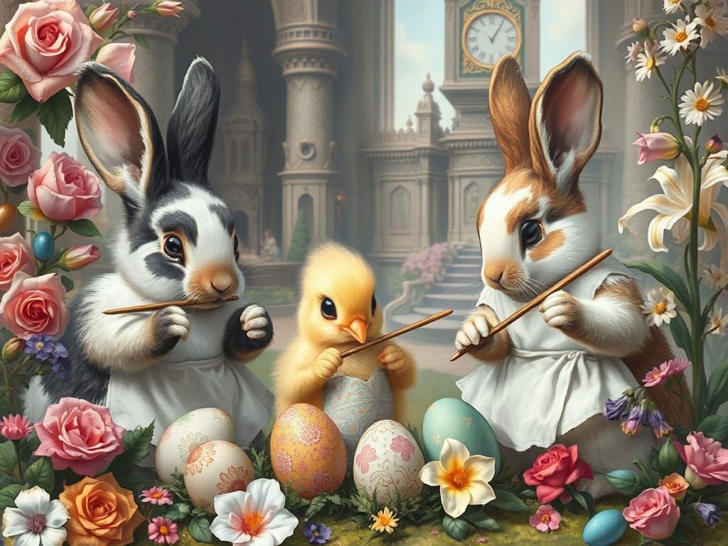 Easter Bunnies Painting Eggs in Fairytale Garden