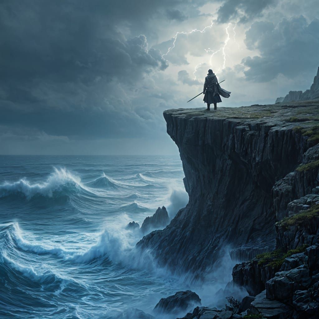 Samurai on Stormy Cliff Overlooking Sea