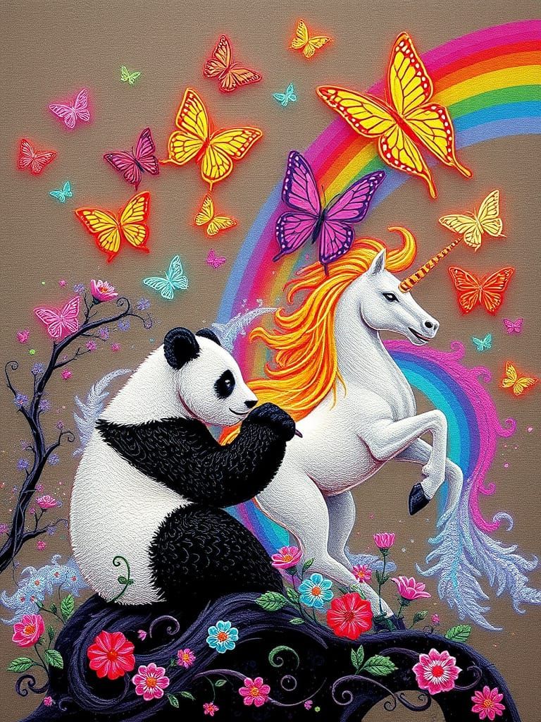 Luminous Embroidered Butterflies & Pandas in Fantasy Rainbow...