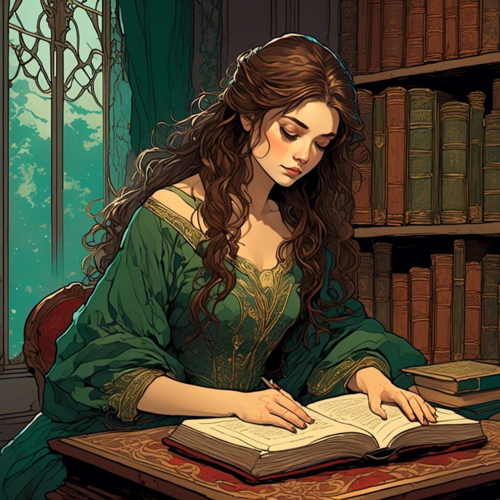 Girl Reading Book in Mucha Style with Freckles
