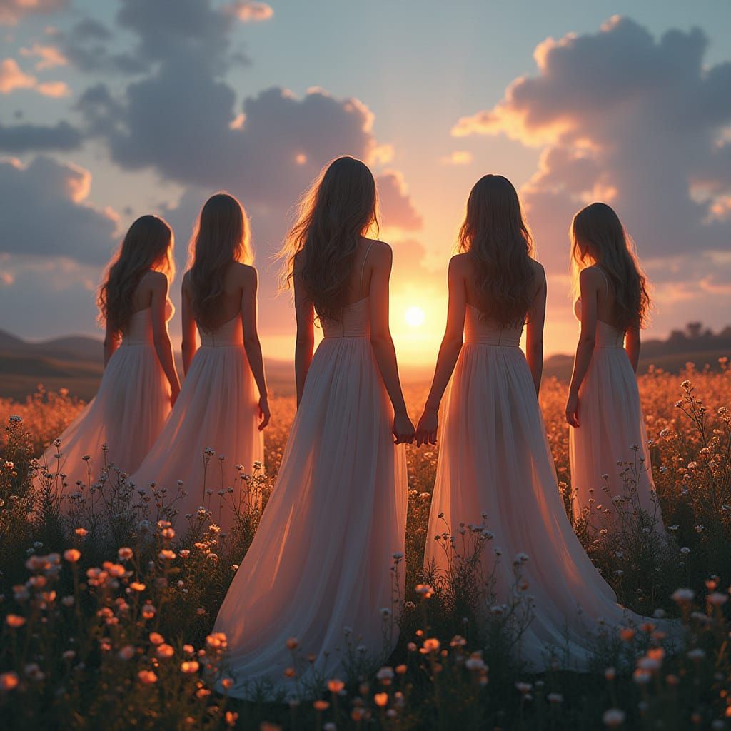Ethereal Maidens in Glowing Field at Twilight